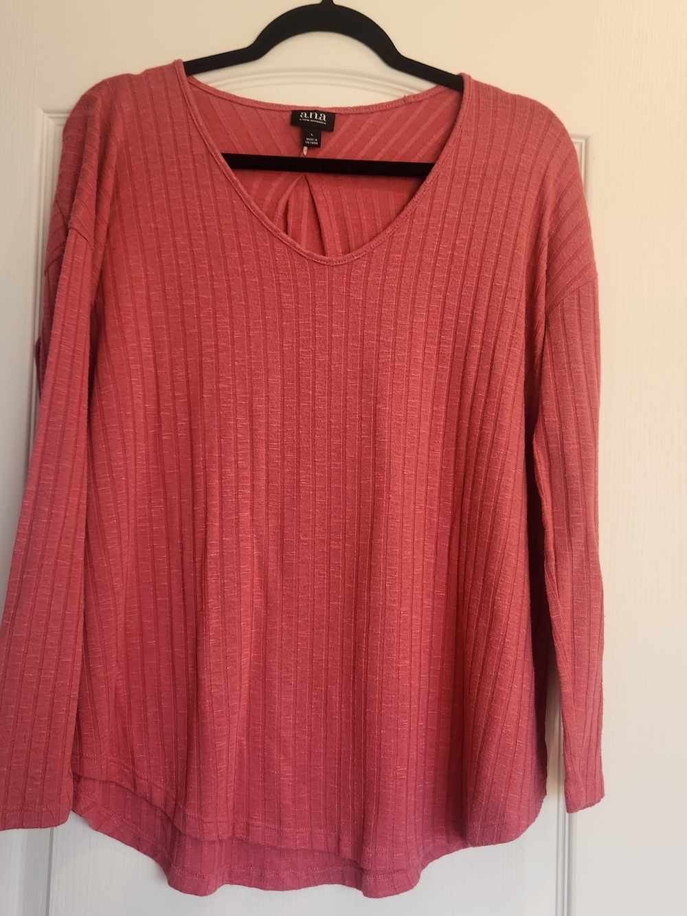 a.n.a Ribbed Long-Sleeve Scoop Neck Top - Dusty Rose L EUc